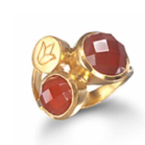 18K Gold-Plated Double Carnelian Stone Ring with Lotus Symbol - sz 8